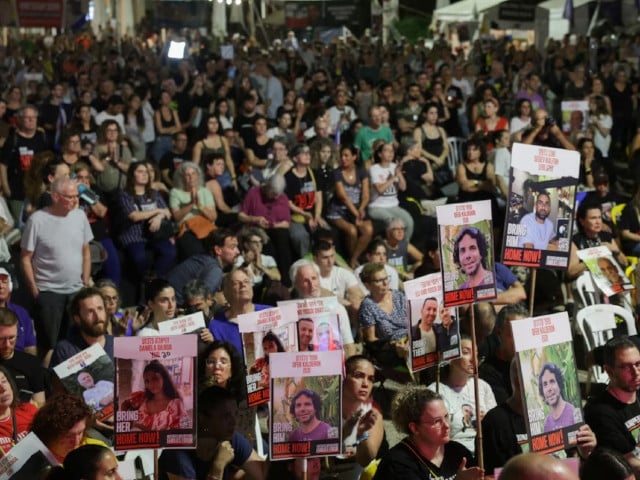 israelis and hostage families watch a screening of israeli prime minister benjamin netanyahu as he addresses congress on a visit to the us amid the ongoing conflict in gaza between israel and hamas at the so called hostages square in tel aviv israel july 24 2024 photo reuters